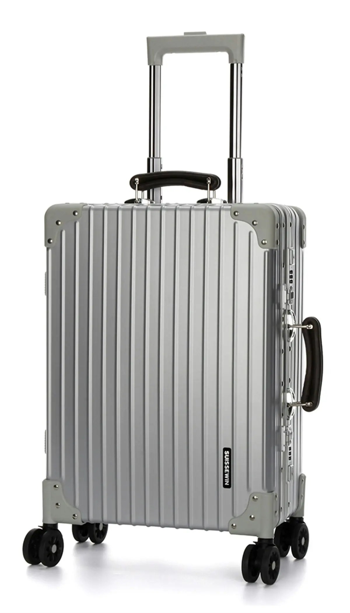 Suissewin Swiss Aluminium Luggage Suitcase Lightweight TSA locker 8 wheels Carry On HardCase SN7611A Silver - Fashion