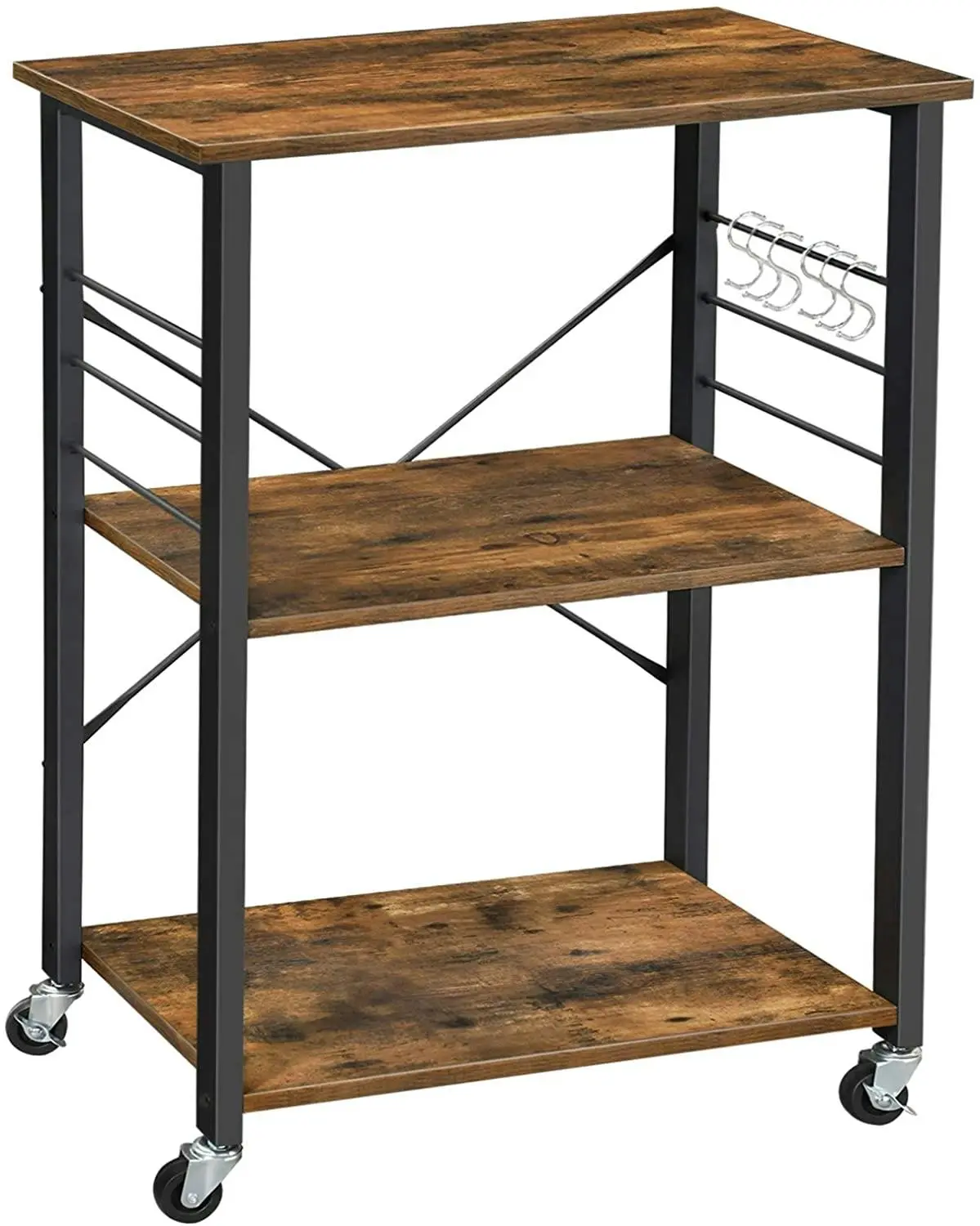 Kitchen Bakers Rack, 3-Tier Serving Cart with Metal Frame and 6 Hooks, Rustic Brown