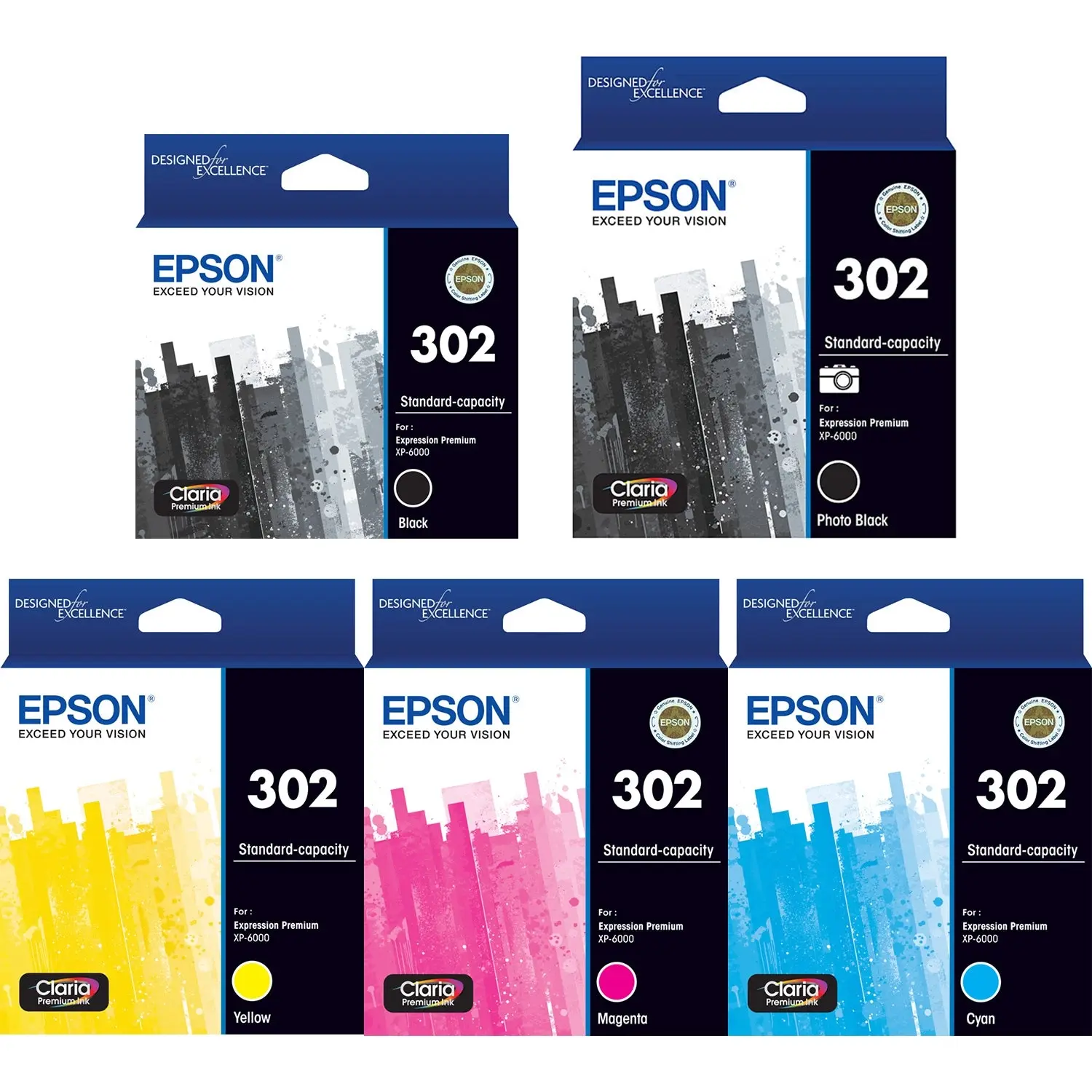 Epson 302 Ink Cartridge Toner 5 Colours Value Pack Black Photo Cyan Magenta Yellow Genuine Original - Electronics