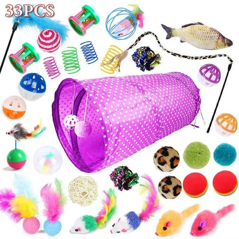 33PCS Cat Toy Set with Tunnel Balls Mice and Interactive Teaser Wands - Pets