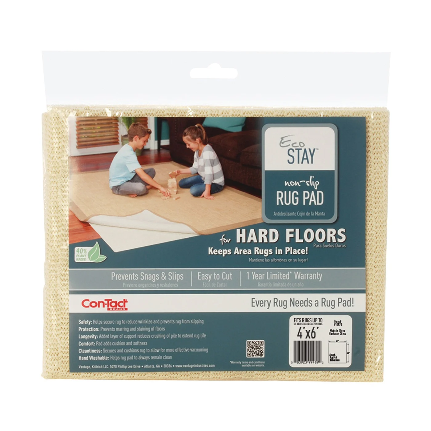 V14973 Rug Pad, 6 ft L, 4 ft W, Non-Slip Surface, Polyester