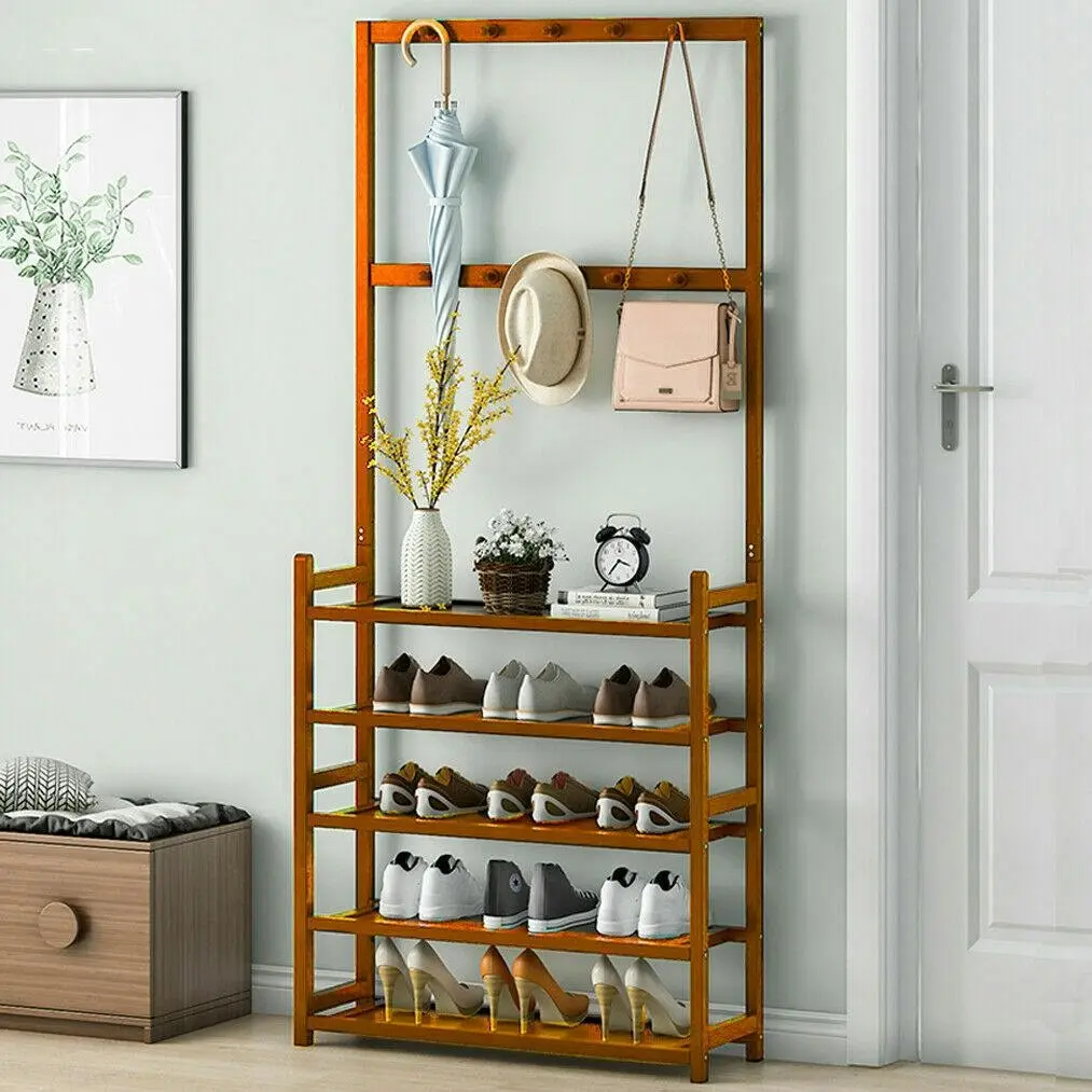 Space-Saving Bamboo Hall Tree with 5-Tier Shoe Rack