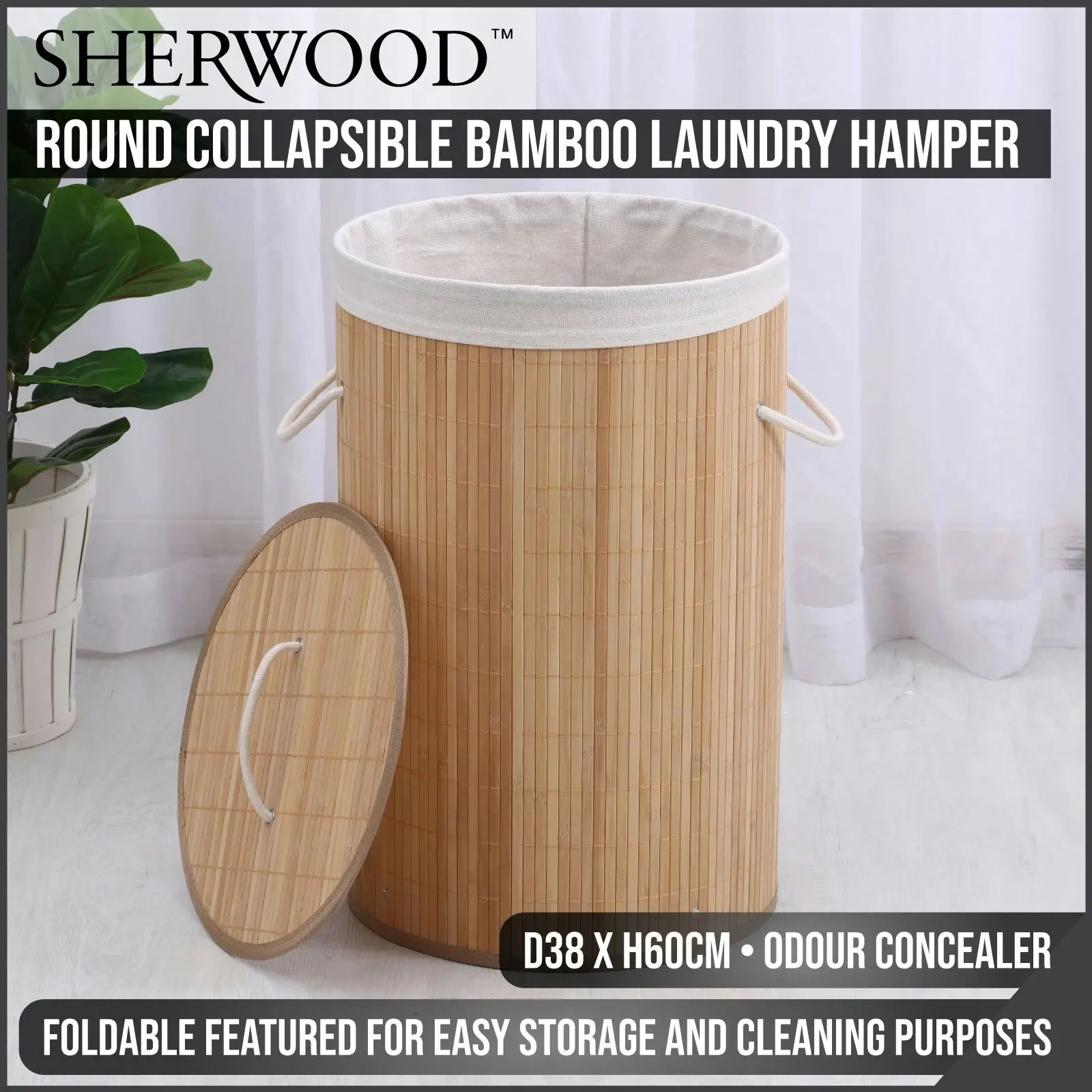 Sherwood Home Round Collapsible Bamboo Laundry Hamper with Polycotton bag Natural Brown - Home & Garden
