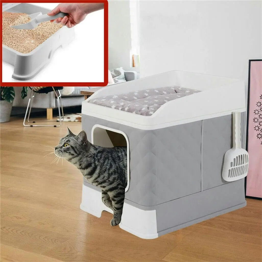 Enclosed Cat Litter Box with Bed and Odor Control - Pets