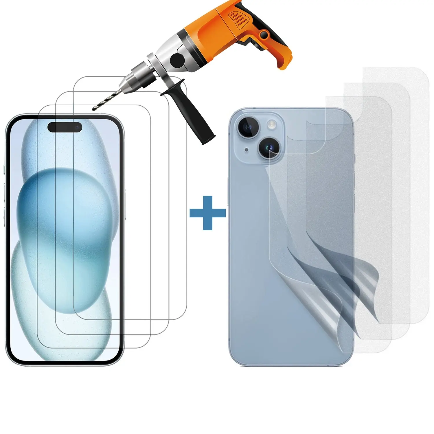 3 Set Tempered Glass Screen Protector for Apple iPhone 15 Front and Film Back - Electronics