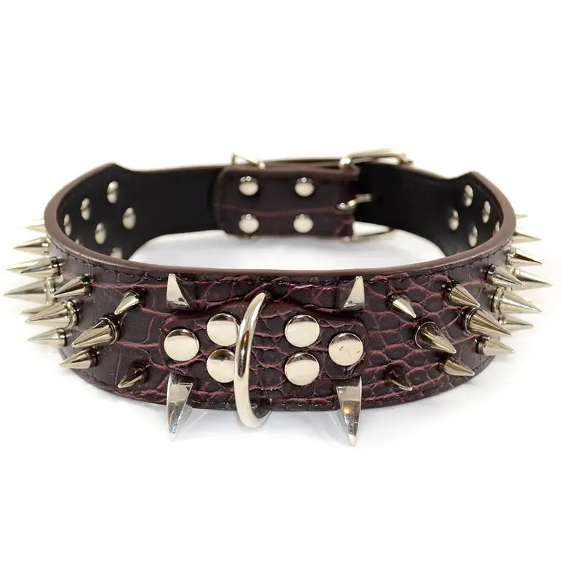 Large Breed Dog Leather Collar Nickel Plated Spikes Adjustable Chocolate Colour - Pets
