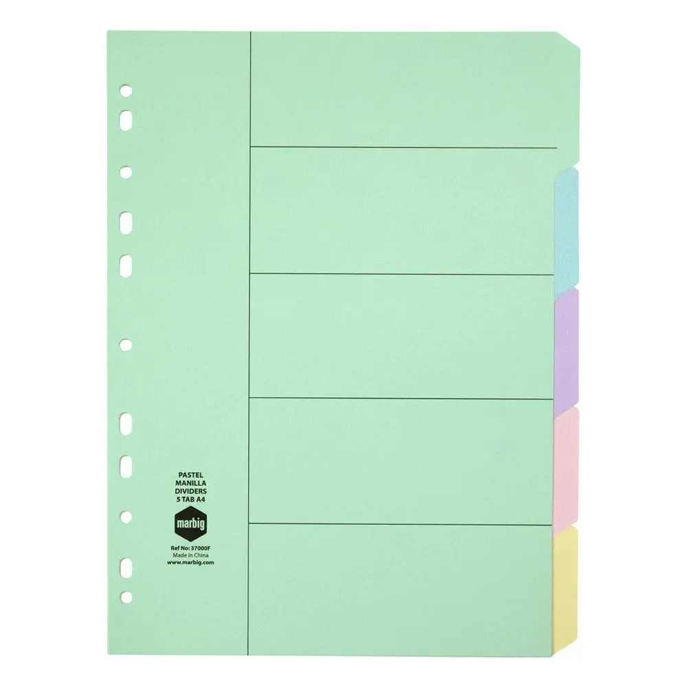 Marbig Pastel 5-Tab Manilla A4 File Ring Binder Dividers Index/Page Organiser