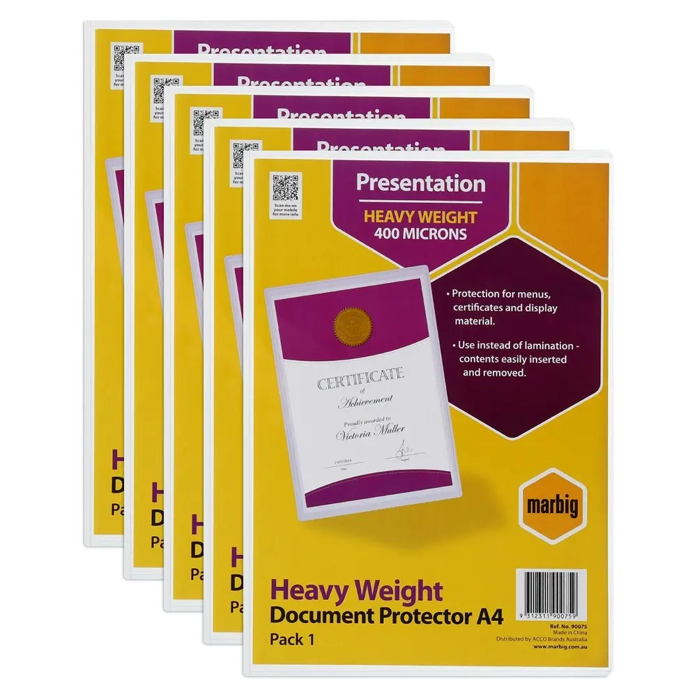 5x Marbig PVC A4 File/Certificate Document Protector/Paper Sheet Sleeve Clear - Office