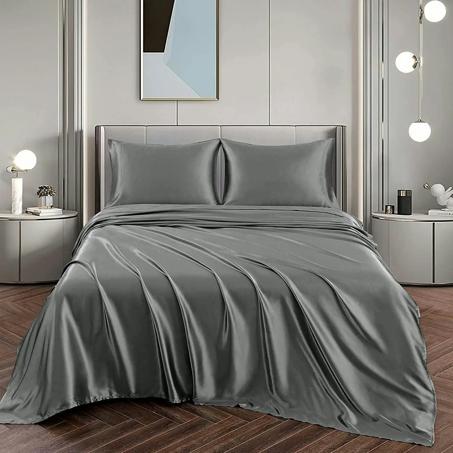 Soft Silky Satin Sheet Set 4pc Queen 2000TC Deep Pocket Gray - Home & Garden