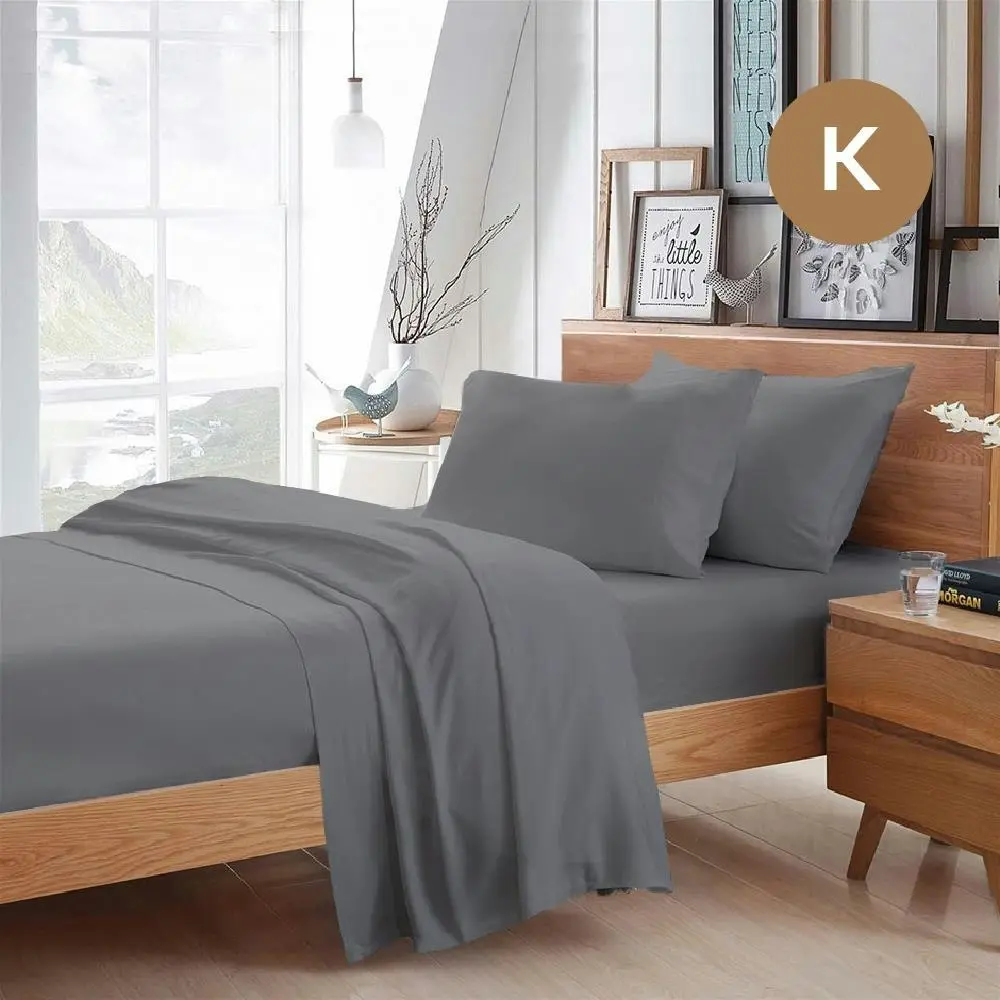 King Size Grey Color Poly Cotton Fitted Sheet Flat Sheet Pillowcase Sheet Set - Home & Garden