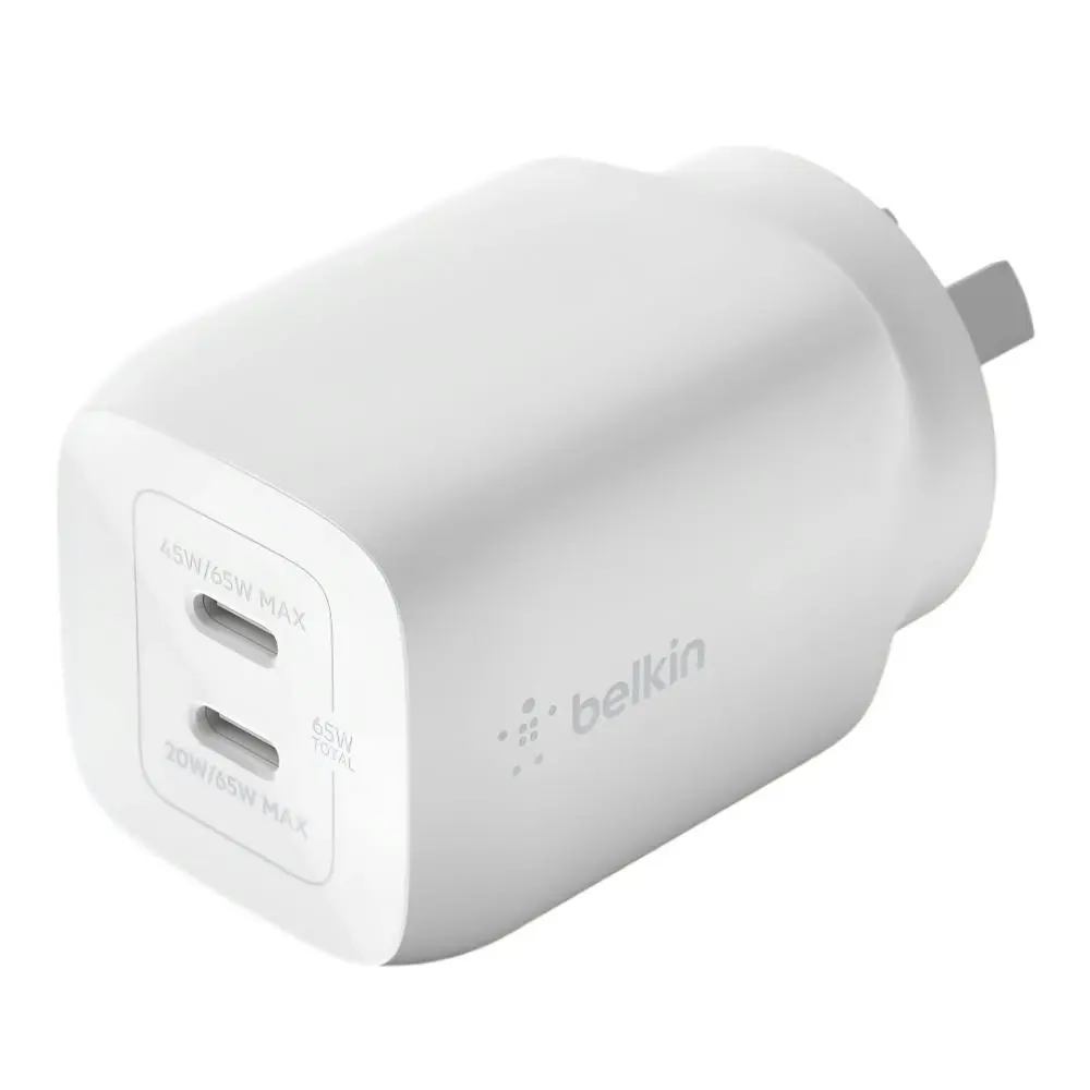 Belkin BoostCharge Dual USB-C GaN Wall Charger with PPS 65W - White
