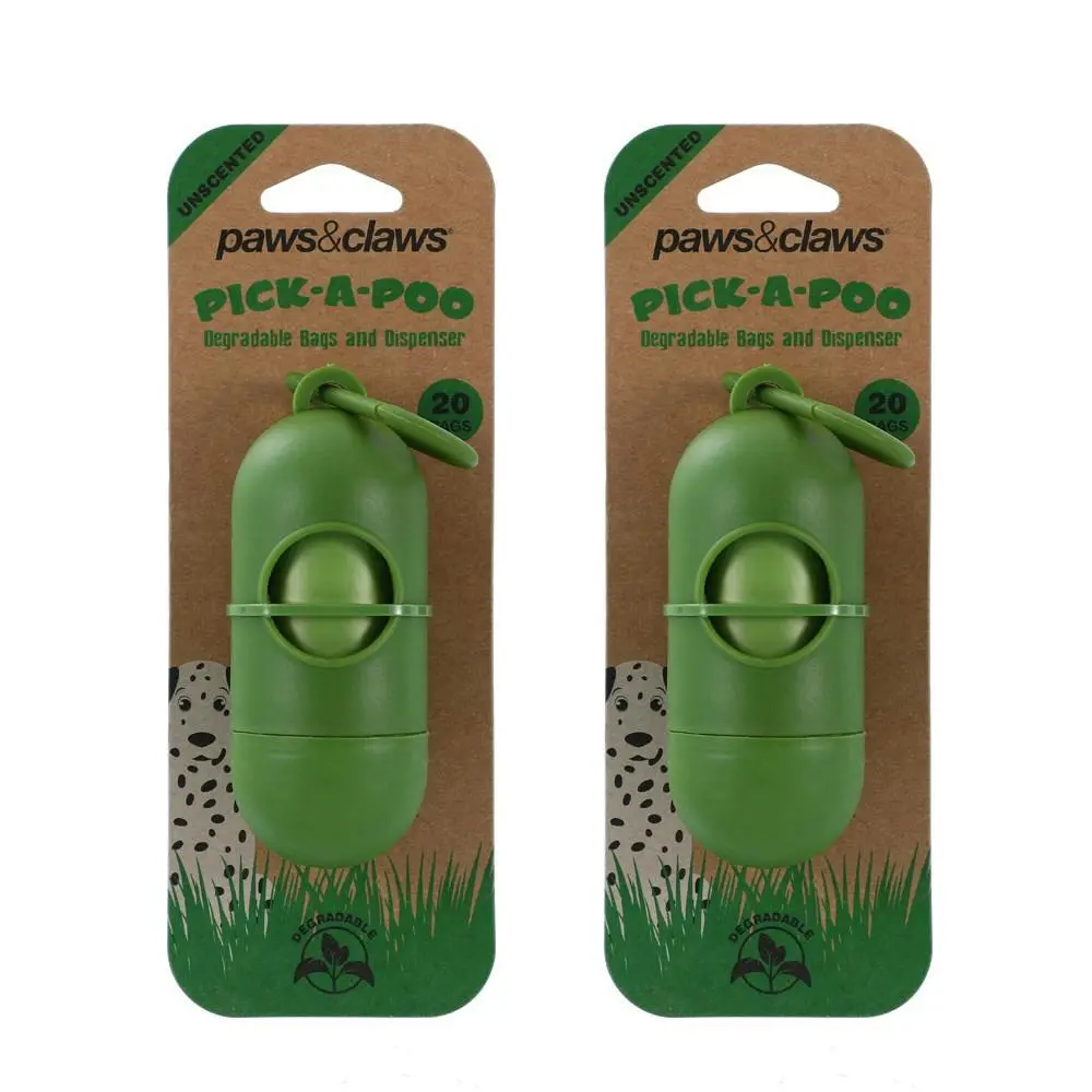 2x 20pc Paws & Claws Pick-A-Poo Degradable Dog Poop/Litter Waste Bags/Dispenser