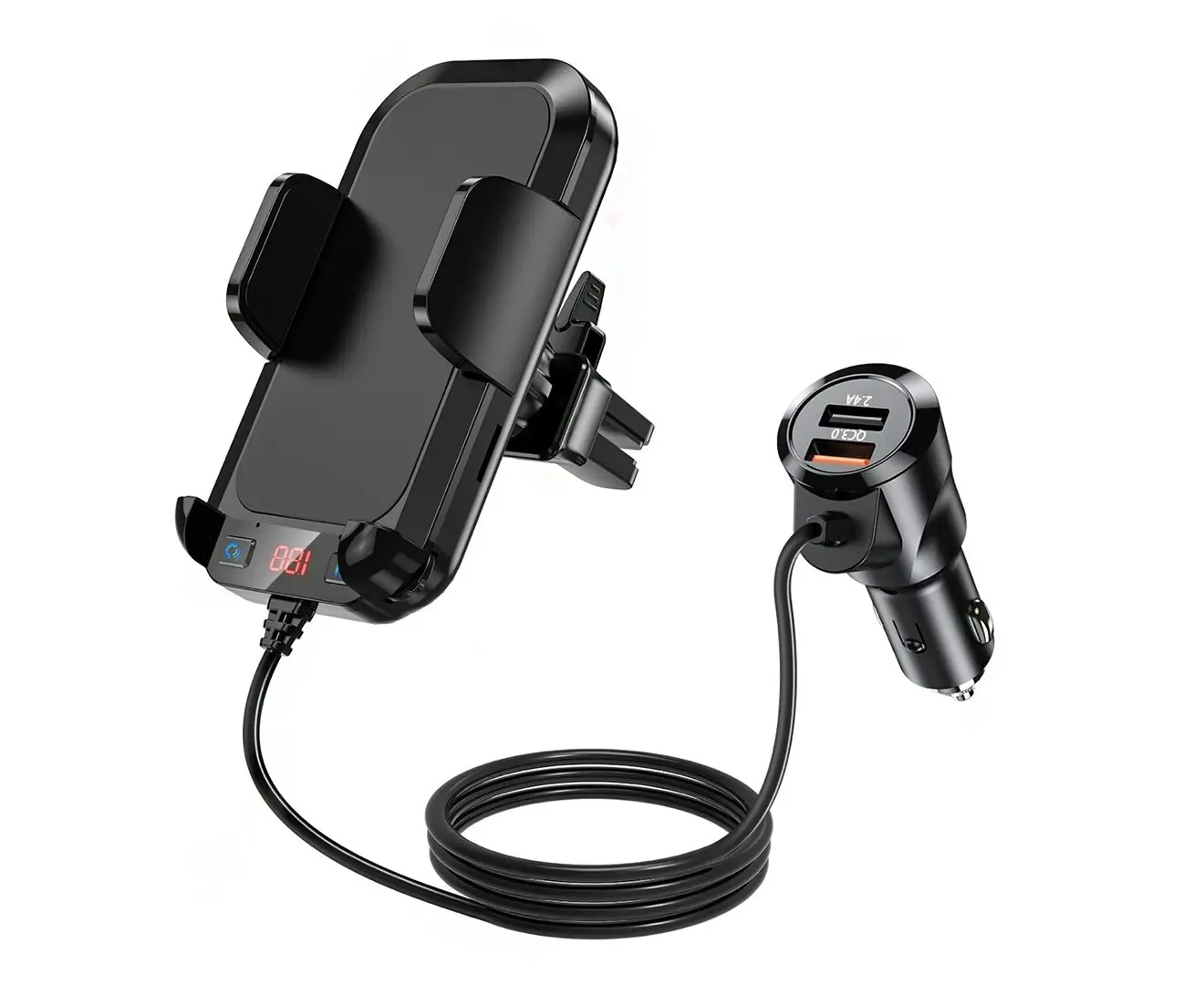 Bluetooth 5.0 Hands-free Car Kit FM Transmitter with a QC3.0 dual USB car charge