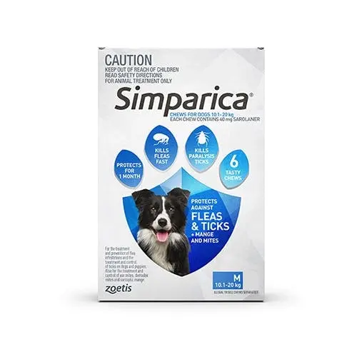 SIMPARICA for Medium Dogs 10.1 to 20 Kg (Blue) 6 Chews - Save up to 70% Off Pet Supplies