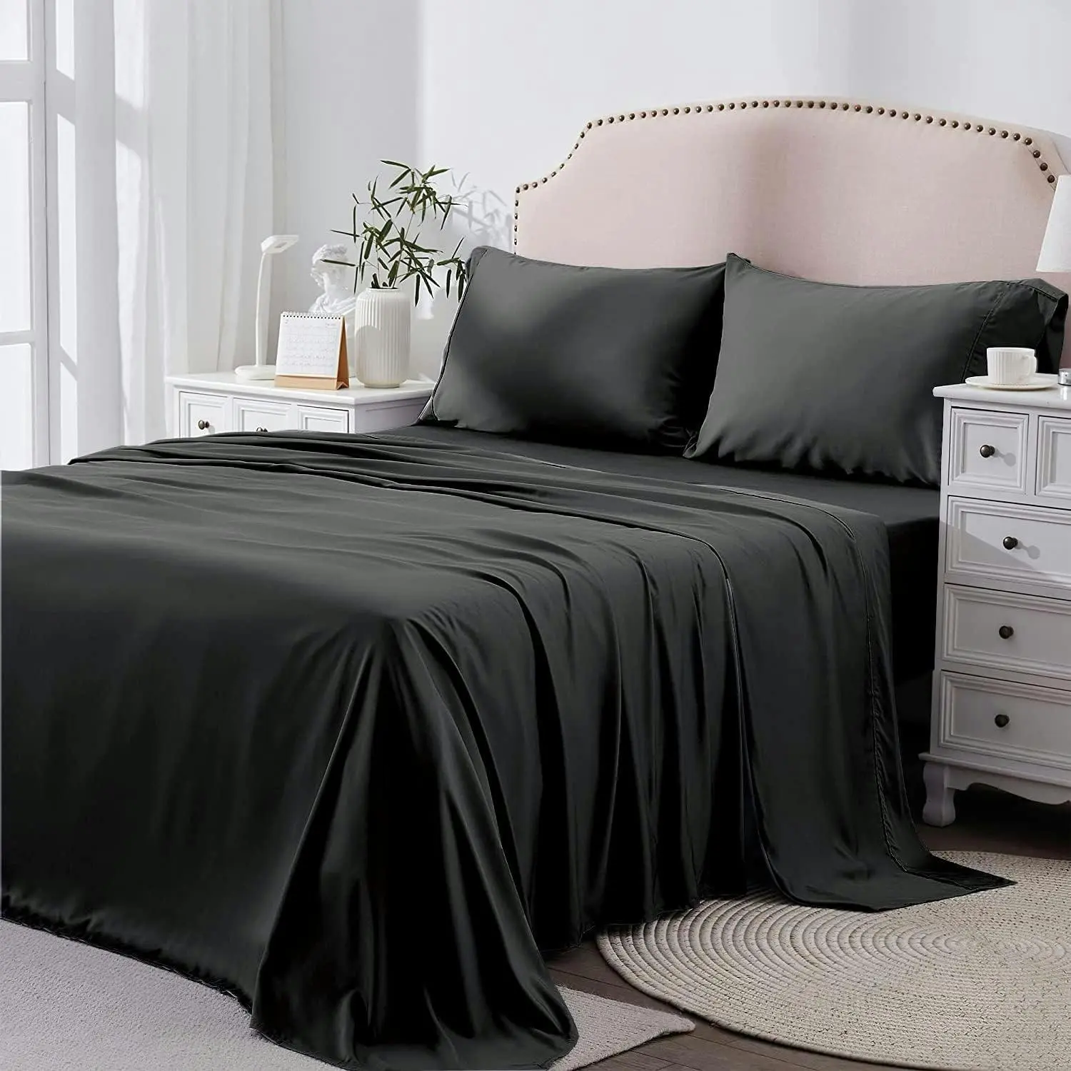 Queen Bed Sheet Set 2000TC Bedding Sheets and Pillowcases, Breathable, Wrinkle Fade Stain Resistant, Deep Pocket, Flat Fitted, Black - Home & Garden