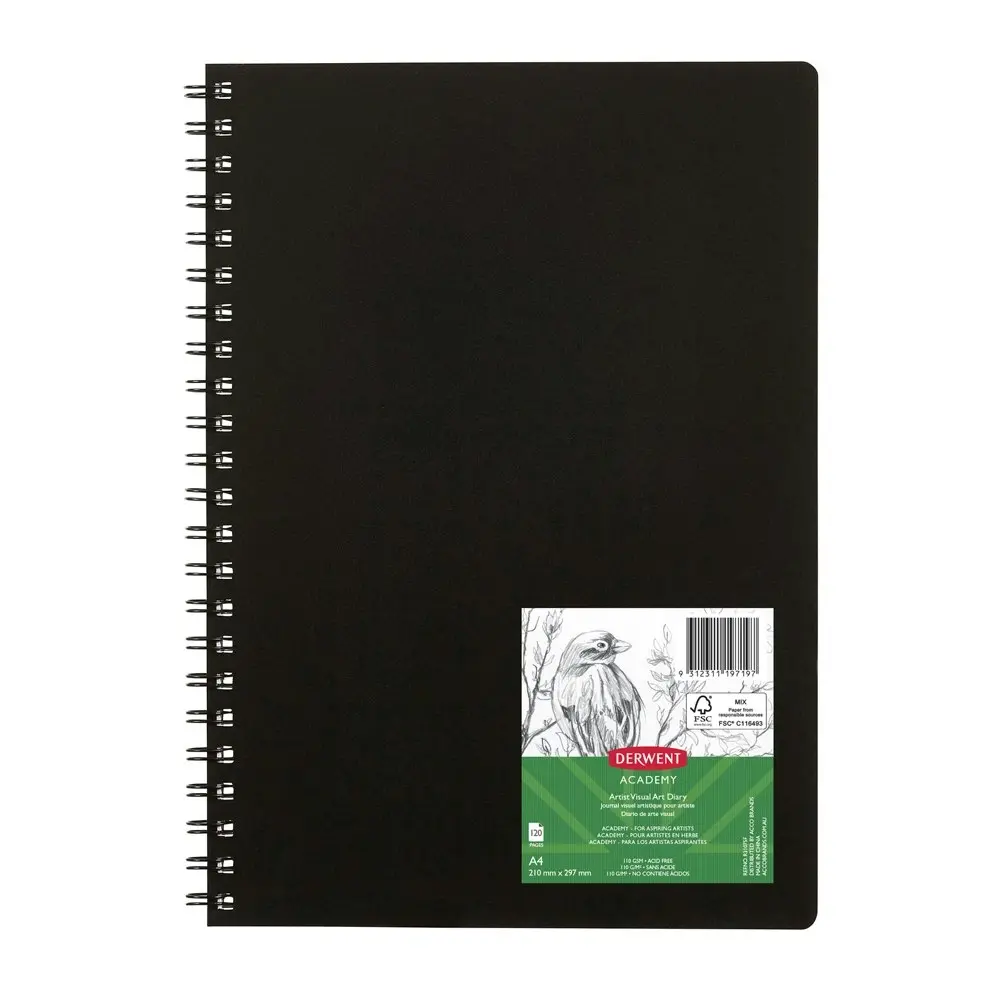Derwent Academy Art/Craft PP Cover Visual Art Diary A4 Portrait 120pg Black - Office