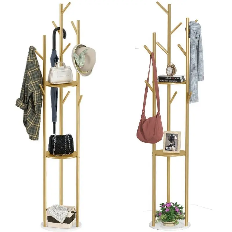Gold Metal Floor Coat Rack Stand Independent Marble Base Hat Clothes Hanger Tree - Home & Garden