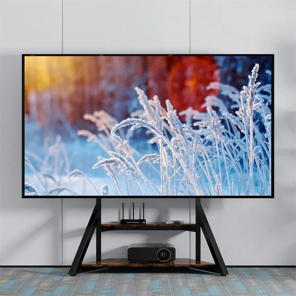 Fin Reinforced Metal 65-100" Tv Floor Stand 2 Tier Shelf Tv Mount Adjustable Height