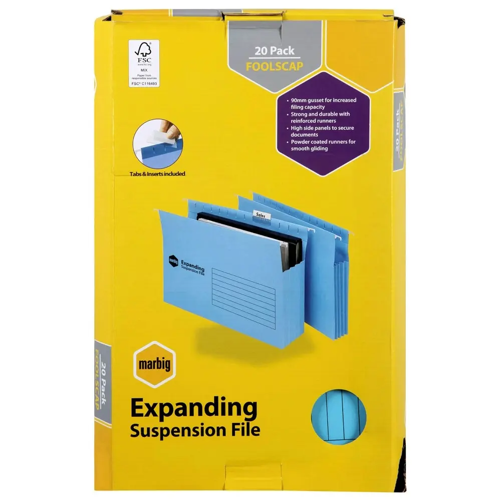 20pc Marbig Expanding Foolscap Suspension File Holder w/ Tabs/Inserts Blue - Office