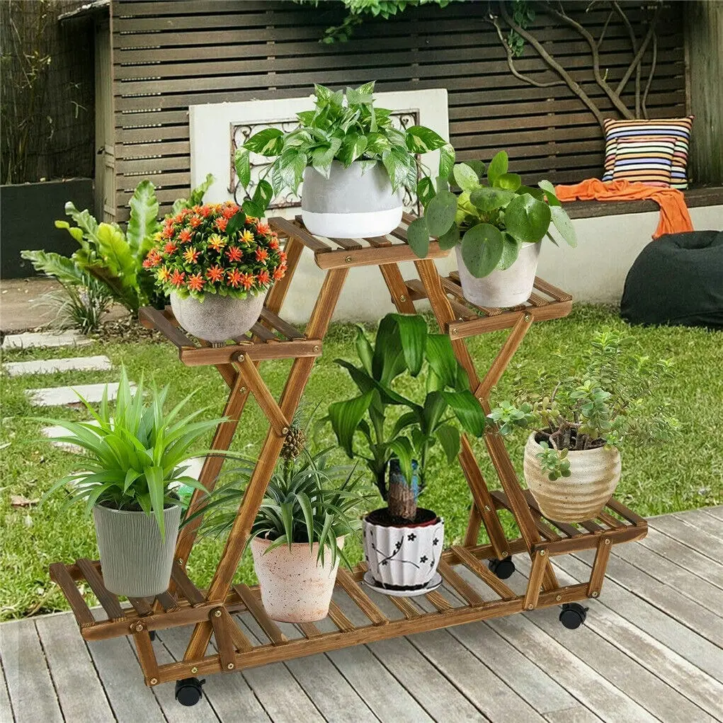 Fin Mobile Large Triangle Wooden Shelf Plant Stand Corner Flower Rack Indoor Outdoor - Home & Garden