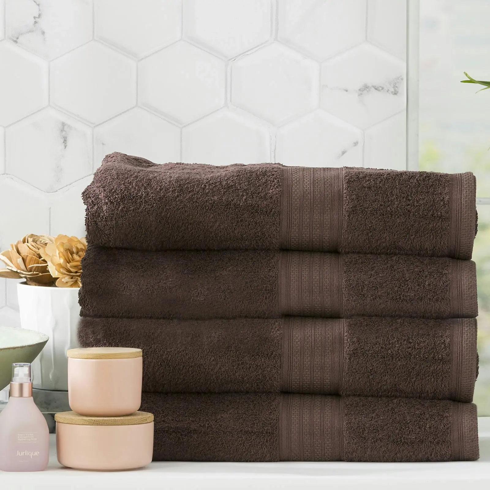 4pc Renee Taylor Stella Shower/Bath Towel 140cm Soft Bamboo Cotton 650 GSM Cocoa - Home & Garden