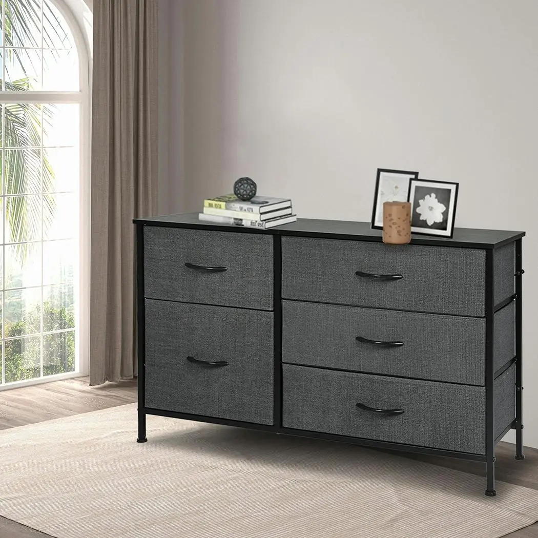 Levede Storage Cabinet Tower Chest of Drawers Dresser Tallboy 5 Drawer Grey - Furniture