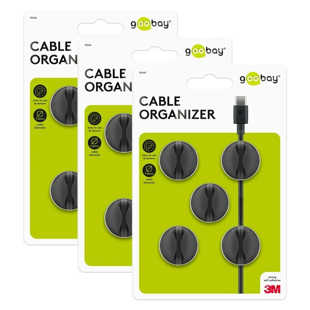 15x Goobay 1 Slot 1.88cm Adhesive Cable Organiser Round Cord/Wire Holder Black - Electronics
