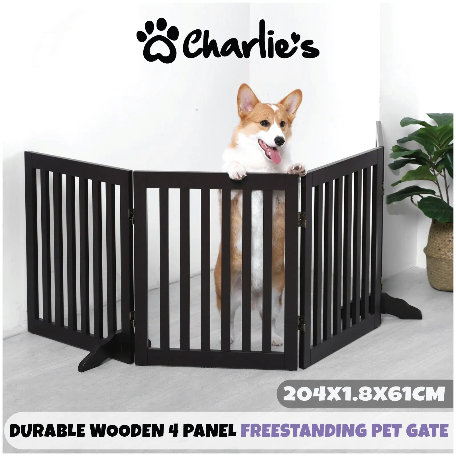 Charlie's Wooden 4 Panel Freestanding Dog Gate Brown - Pets