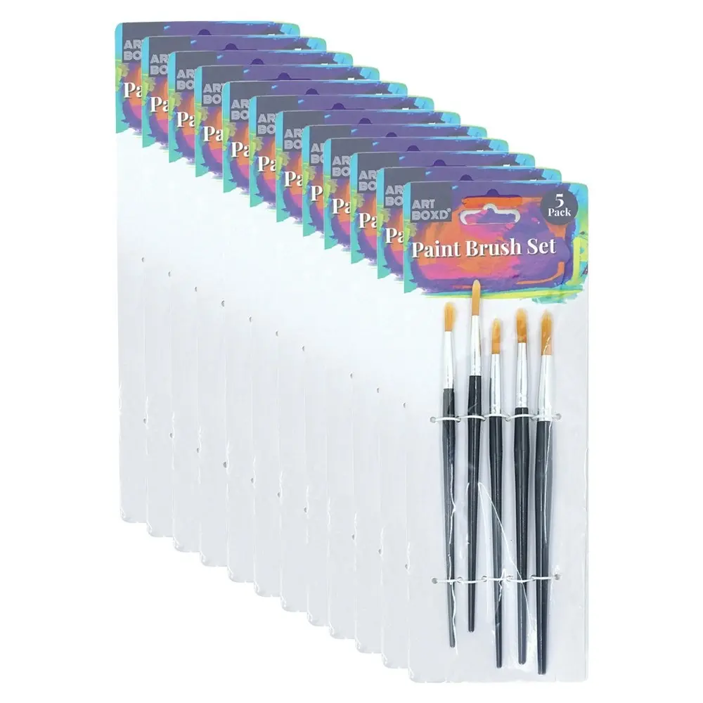 12x 5pc Art Boxd Fine Art Brush Set Craft Painting Tool w/ Wooden Handle Black - Hobbies
