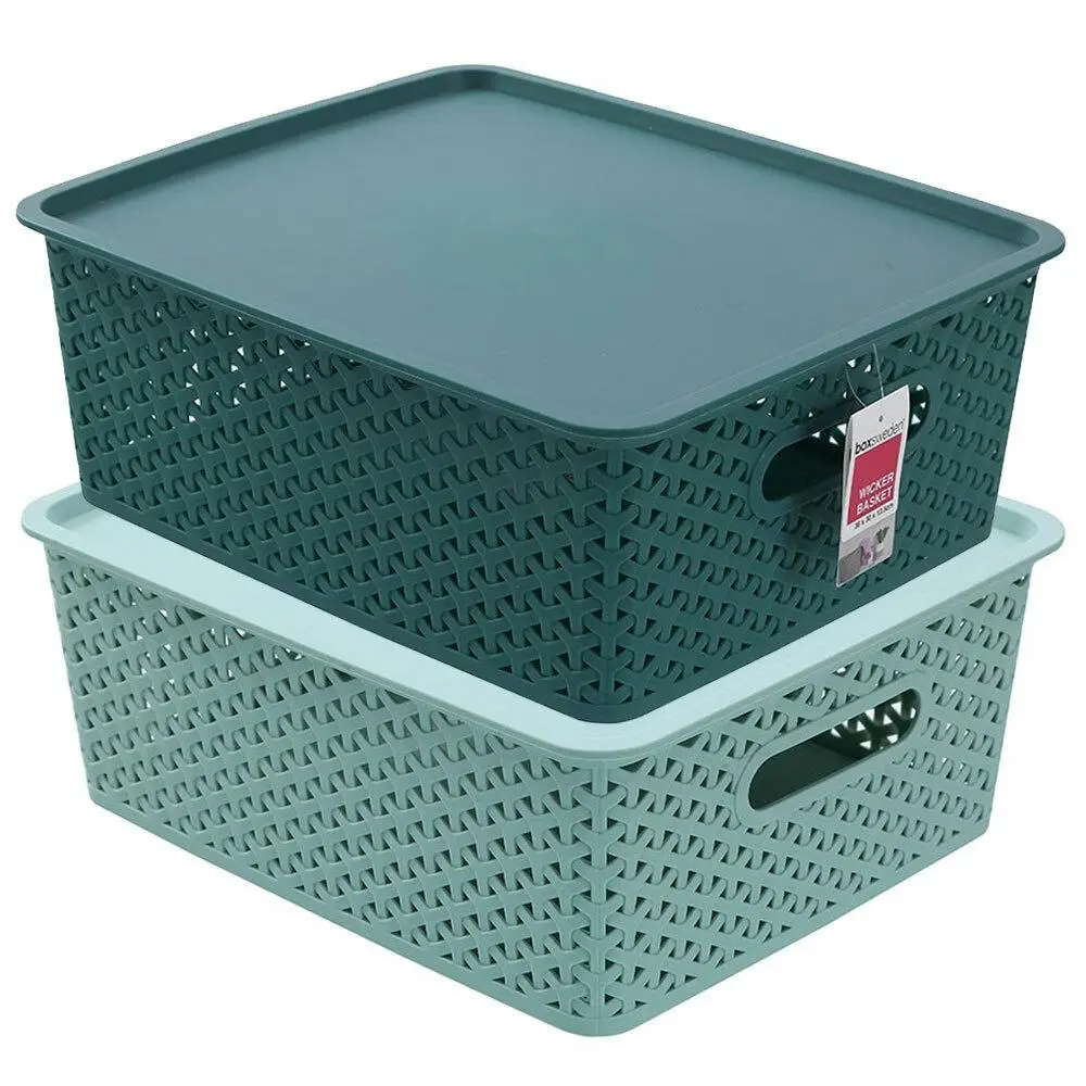 2x Boxsweden Wicker 36x13.5cm Woven Basket Home Organiser Storage w/ Lid M Asst - Home & Garden