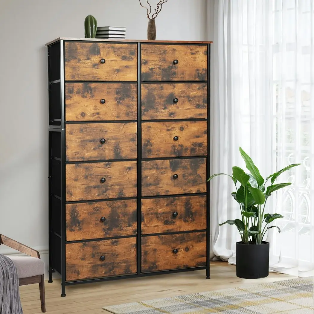 Levede Storage Cabinet Tower Chest of 12 Drawers Vintage Dresser Tallboy Retro - Furniture