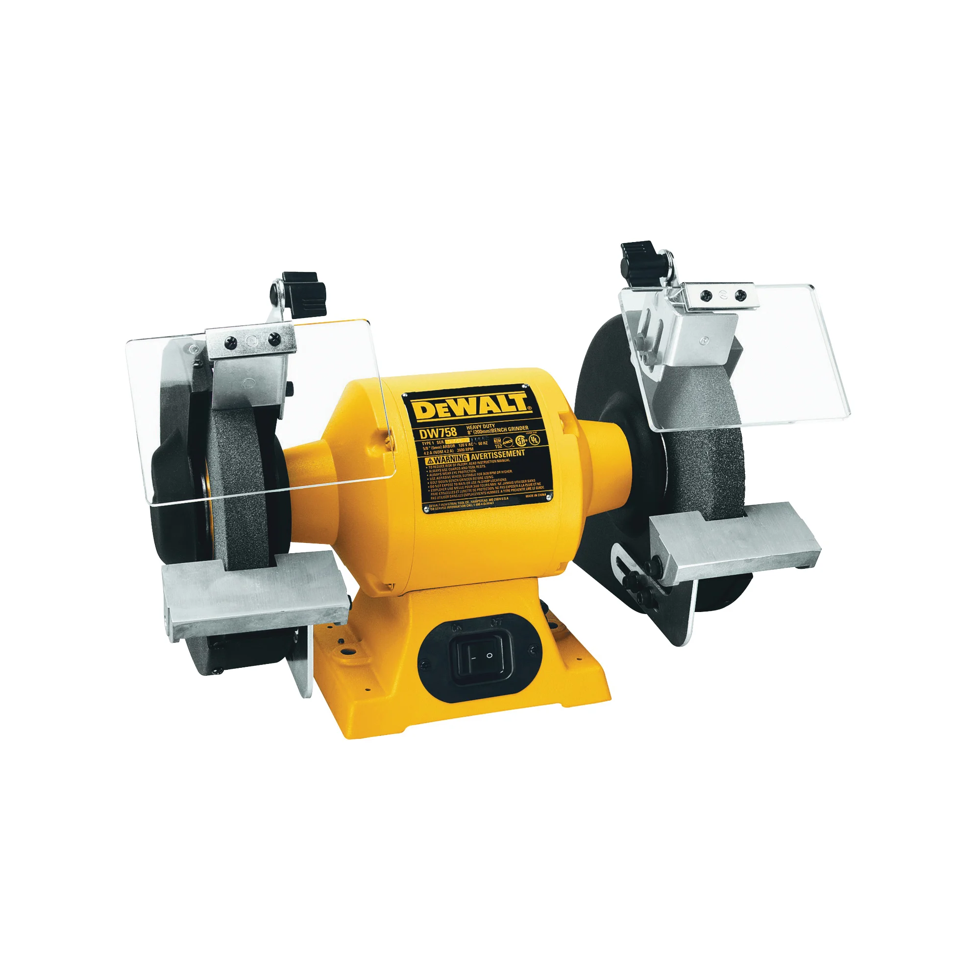 DW758 Bench Grinder, 120 V, 4.2 A, 5/8 in Arbor/Spindle, 8 in Dia Wheel, 3600 rpm Speed - DEWALT