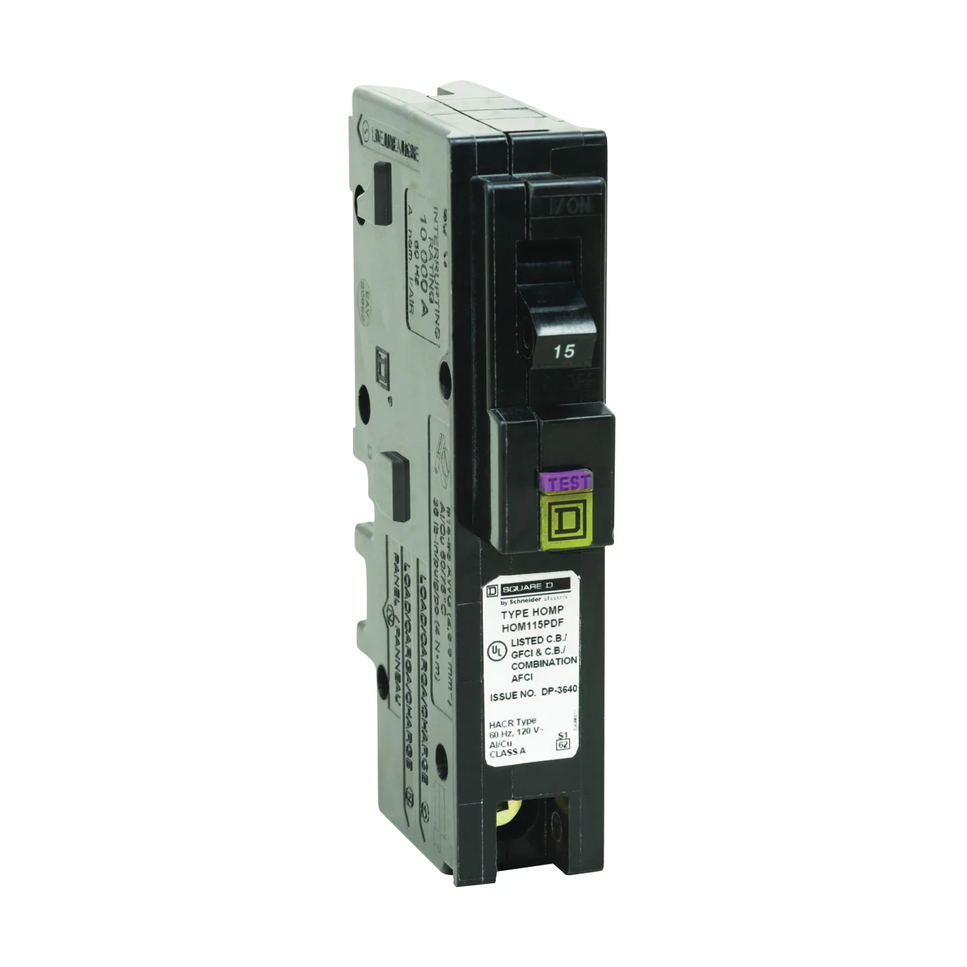 HOM115PDFC Circuit Breaker, Dual Function, Mini, 15 Amp, 1 -Pole, 120 V, Plug Mounting