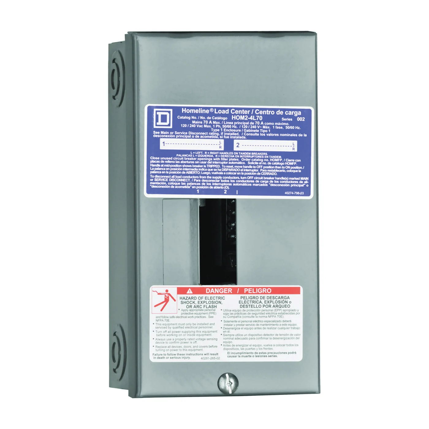 Homeline HOM24L70SCP Load Center, 70 A, 2-Space, 4-Circuit, Main Lug, NEMA 1 Enclosure, Gray, Plug