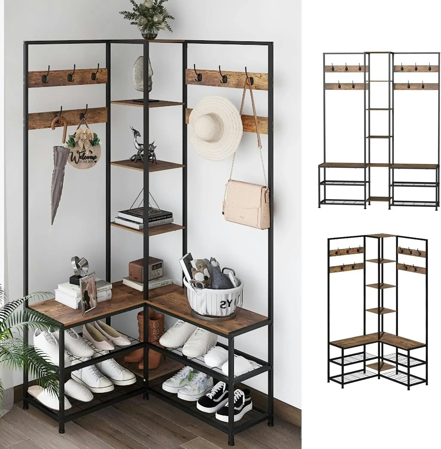 Fin Extra Large Corner Hall Tree With Shoe Rack Storage Bench Display Open Shelves - Home & Garden