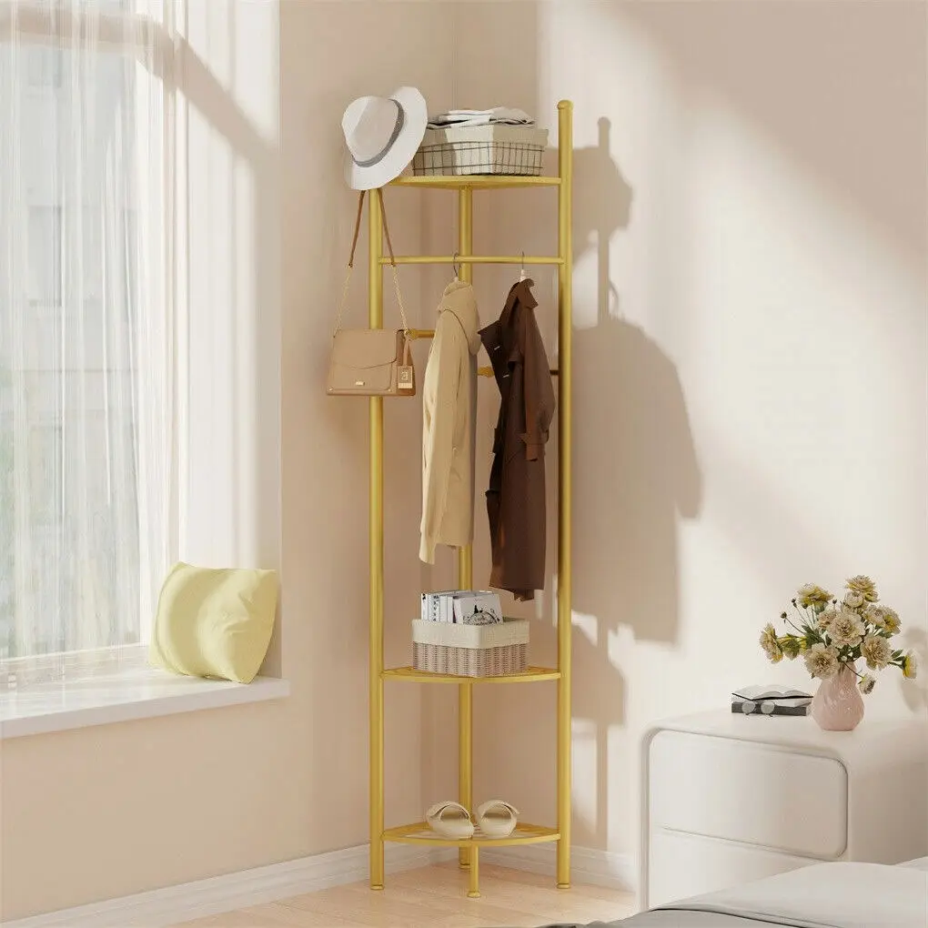 Fin Strong Corner Gold Metal Clothing Racks Freestanding Hanging Clothes Coat Rack - Home & Garden