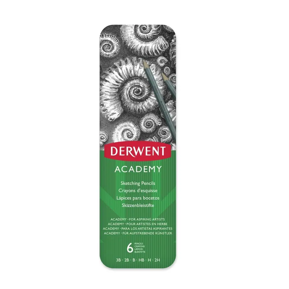 6pc Derwent Academy Art/Craft Hexagonal Sketch Pencil Tin 3B/2B/B/HB/H/2H Set - Office