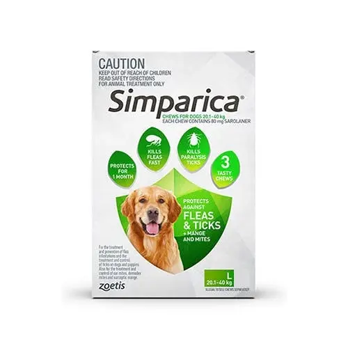 SIMPARICA for Large Dogs 20.1 to 40 Kg (Green) 6 Chews - Pets