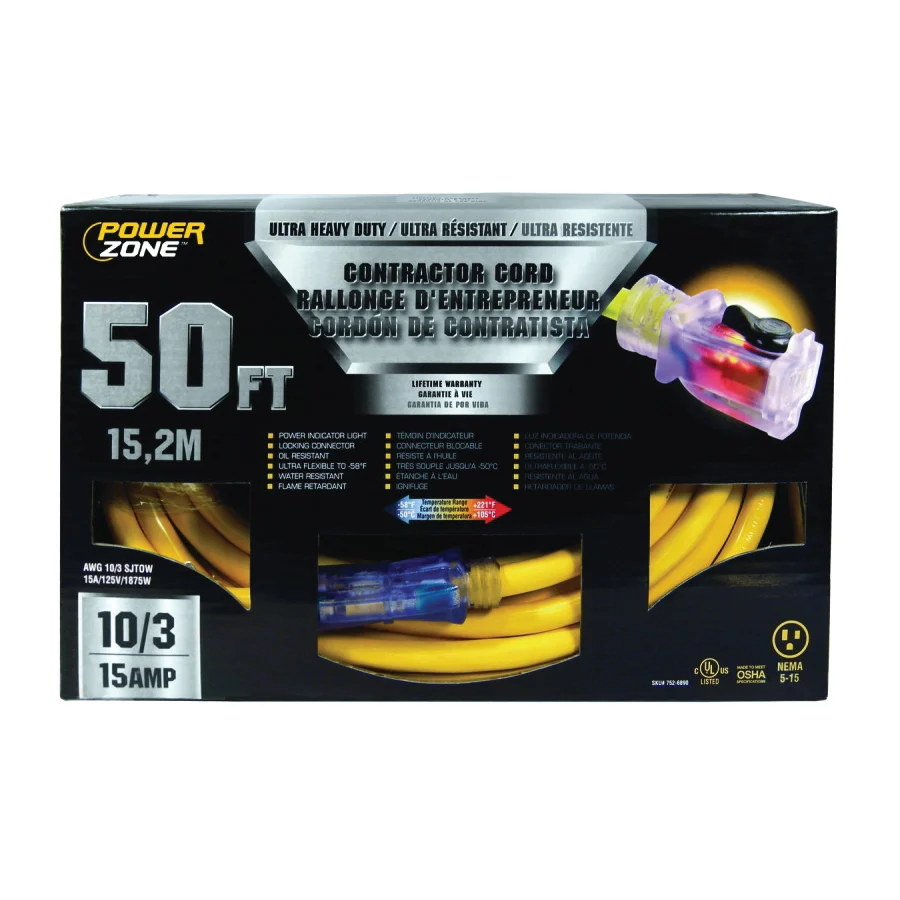 ORP511930 Contractor Cord, 10 AWG Cable, 50 ft L, 15 A, 125 V, Yellow - PowerZone