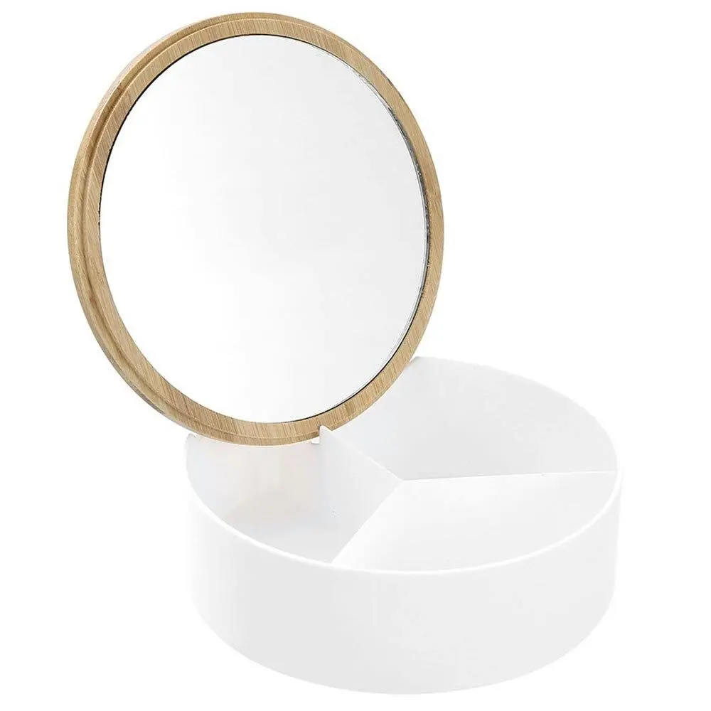 Boxsweden Bano Round 14cm Organiser Storage w/ Mirror Bamboo Top Home Decor - Home & Garden