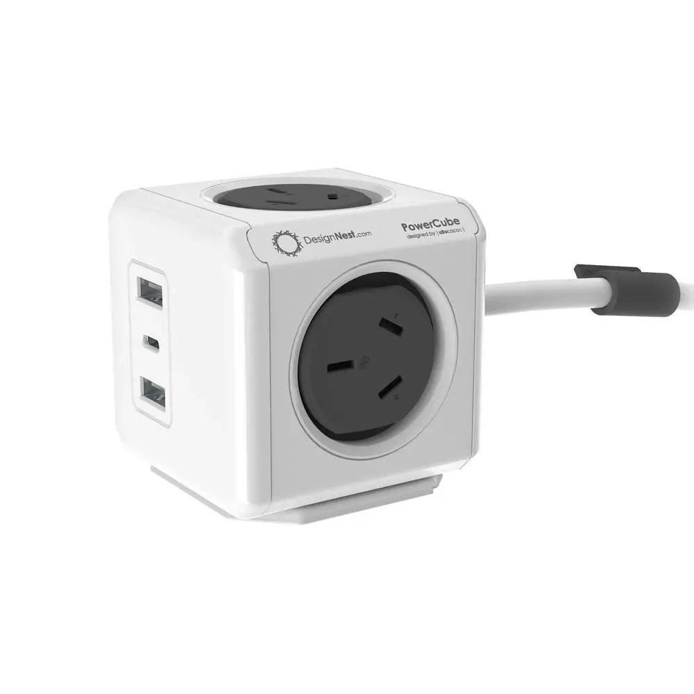 Design Nest Allocacoc Multiport Quick Charging PowerCube AU/NZ Plug Socket Grey - Electronics