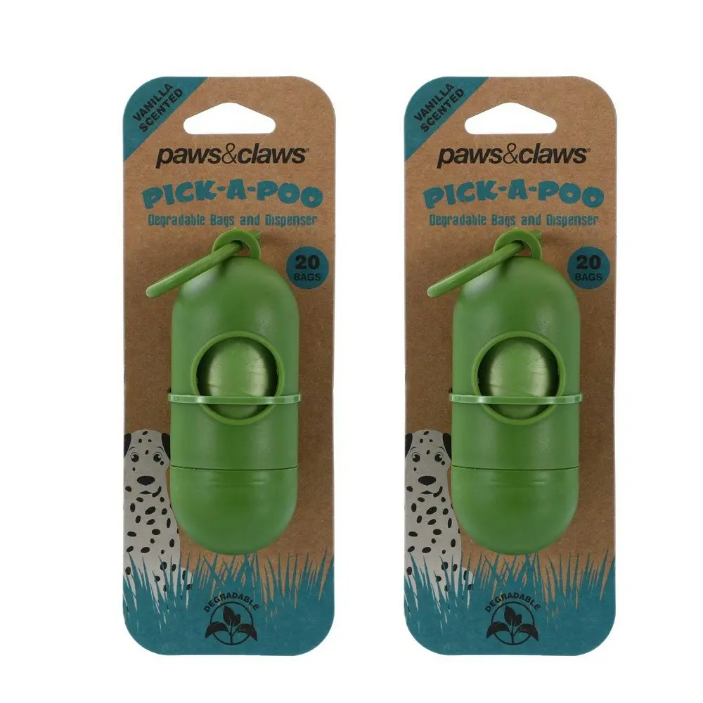 2x 20PK Paws & Claws Pick-a-Poo 32cm Pet Waste Dog Poo Bags/Dispenser Degradable
