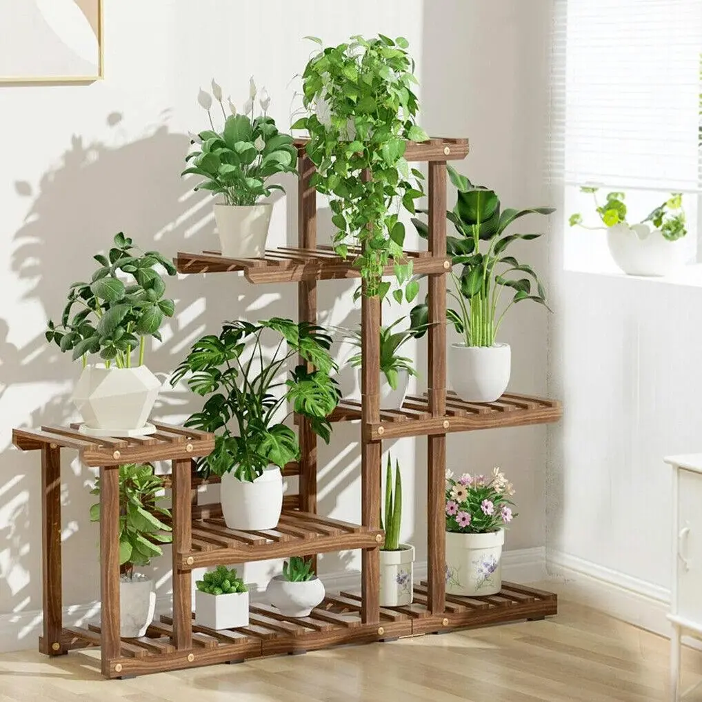 Fin Plant Stand Indoor Outdoor Corner Plant Flower Shelf Wood Rack Organizer Display - Home & Garden