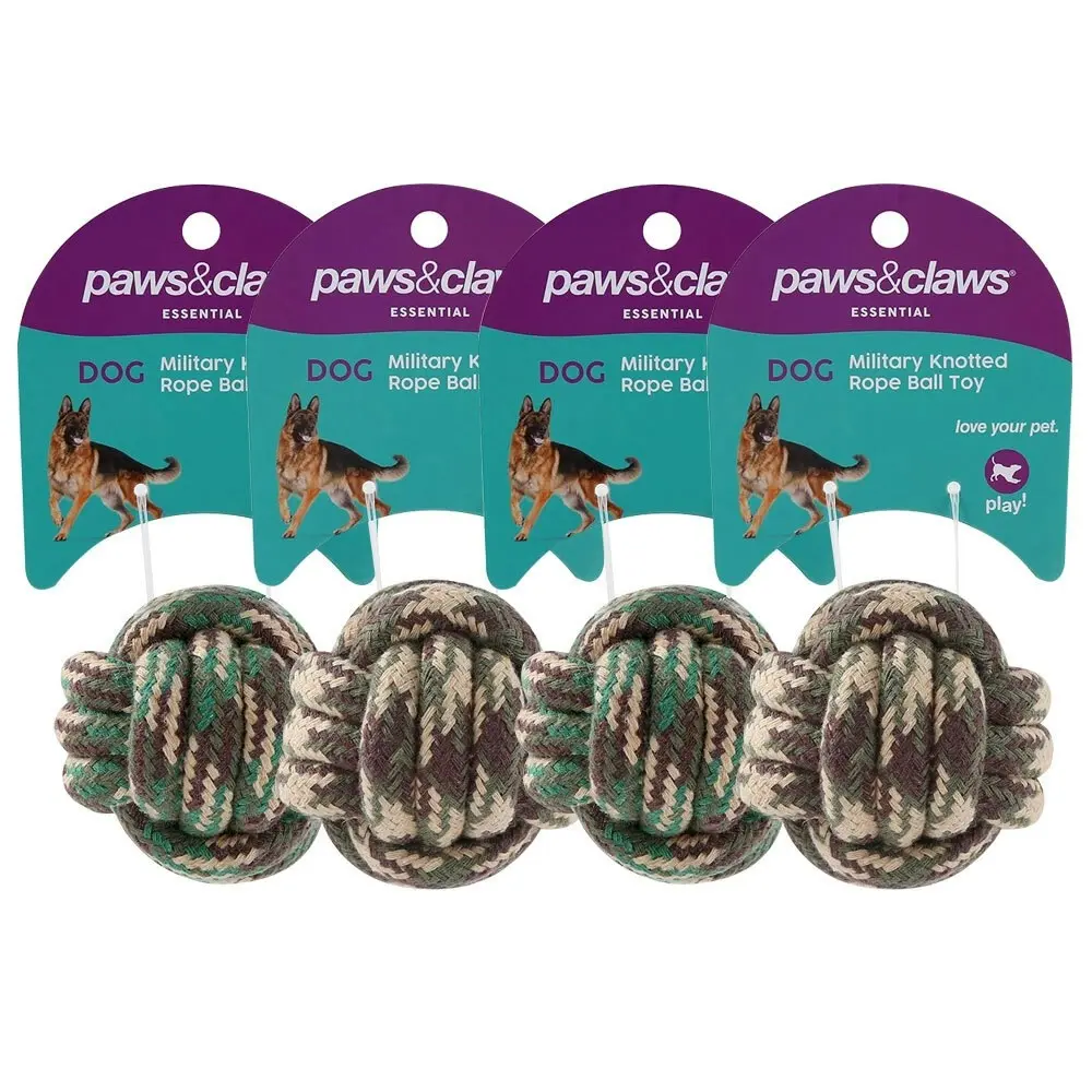 4x Paws & Claws Military 6cm Knotted Rope Ball Toy Chew/Bite Pet Training Assort - Pets