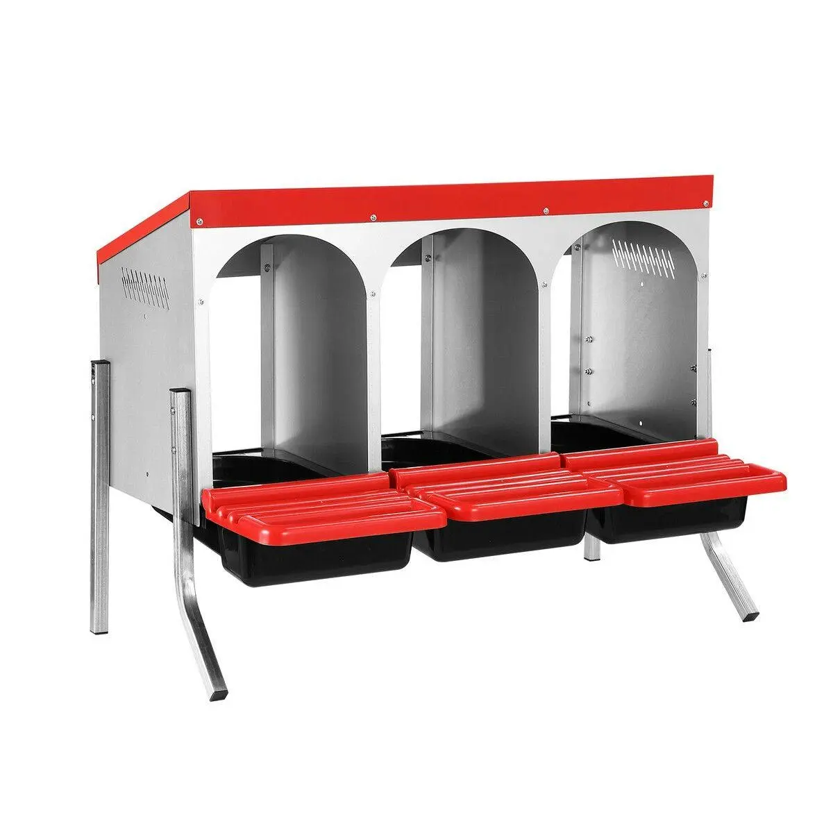 Pet Scene 3 Hole Chicken Nesting Box Roll Away Hen Chook Laying Boxes Poultry Nest Brooder Coop Egg Roost Perch Galvanised Steel Plastic with Stand - Pets