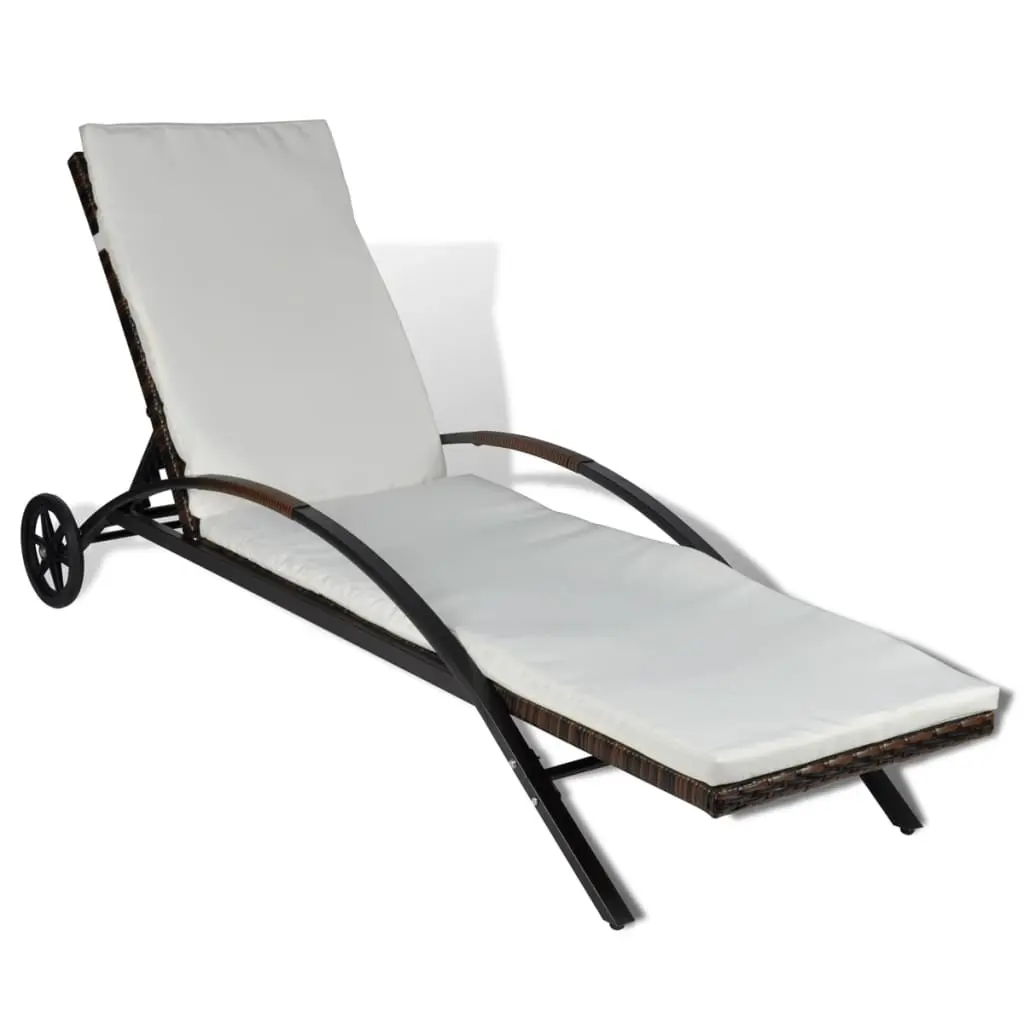 Sun Lounger with Cushion & Wheels Poly Rattan Brown 42488 - Furniture