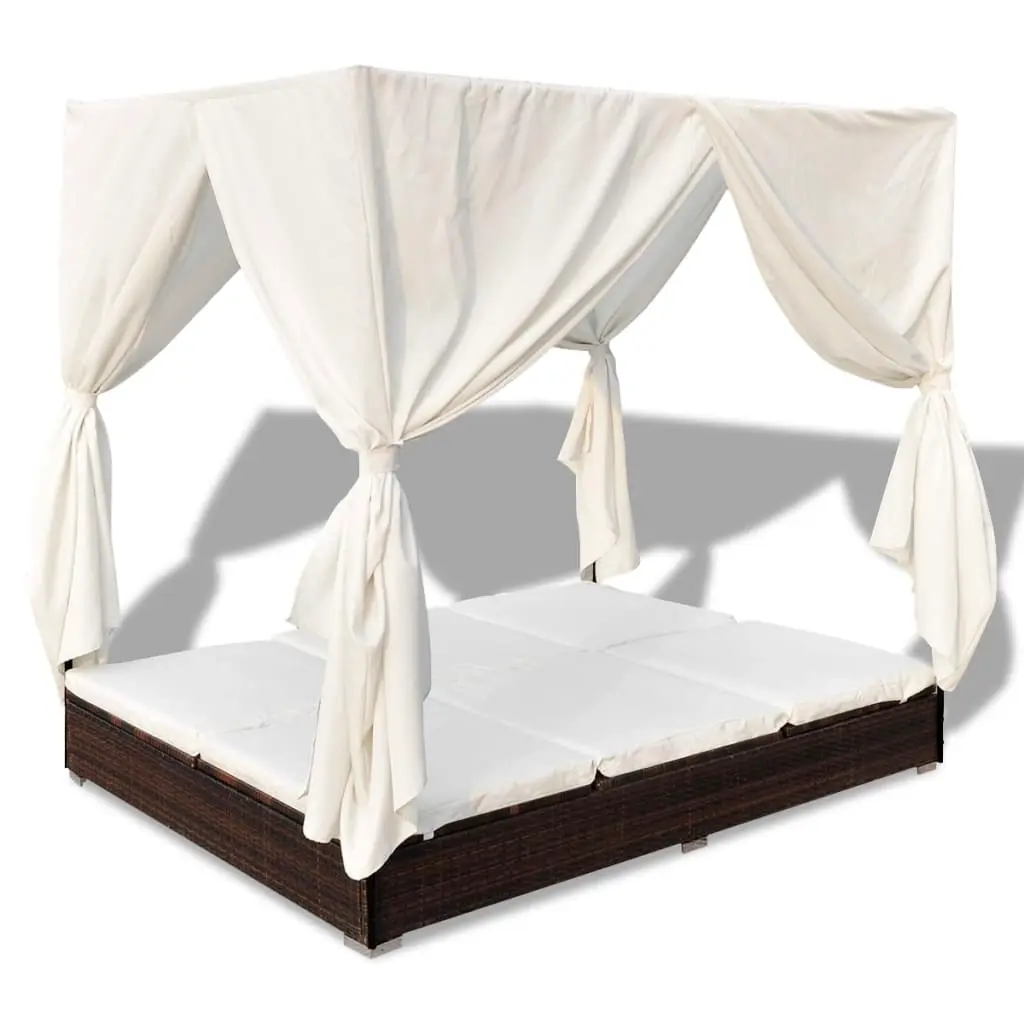 Outdoor Lounge Bed with Curtains Poly Rattan Brown 42947 - Furniture