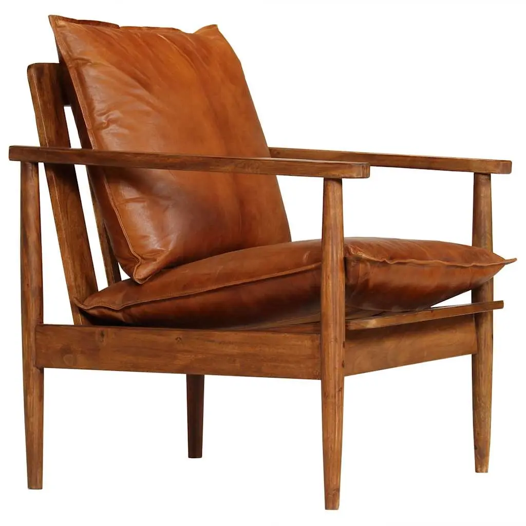 Armchair Brown Real Leather with Acacia Wood 246480 - Over 40% off Living Room Furniture