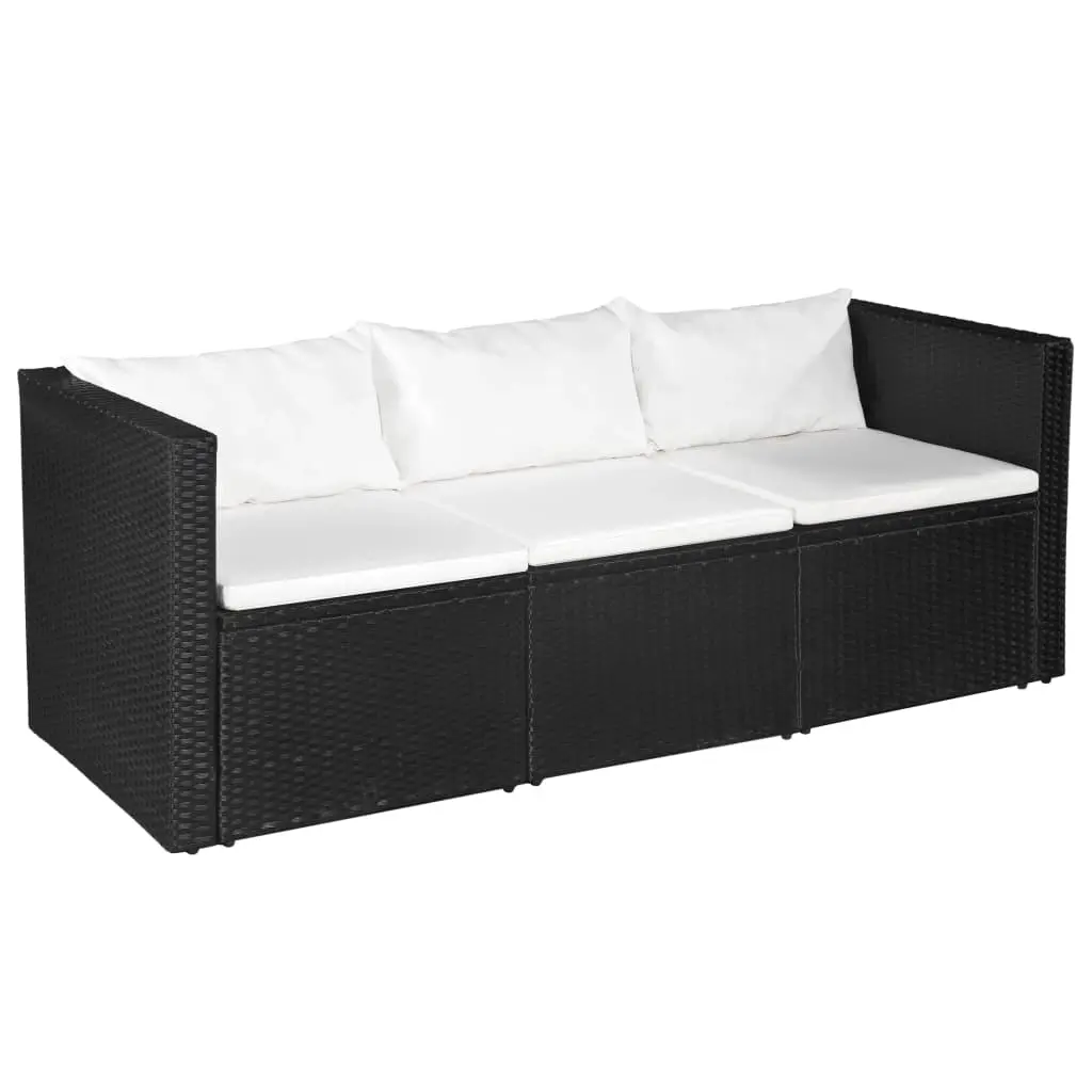 3 Seater Garden Sofa Black Poly Rattan with White Cushions 44172 - Furniture