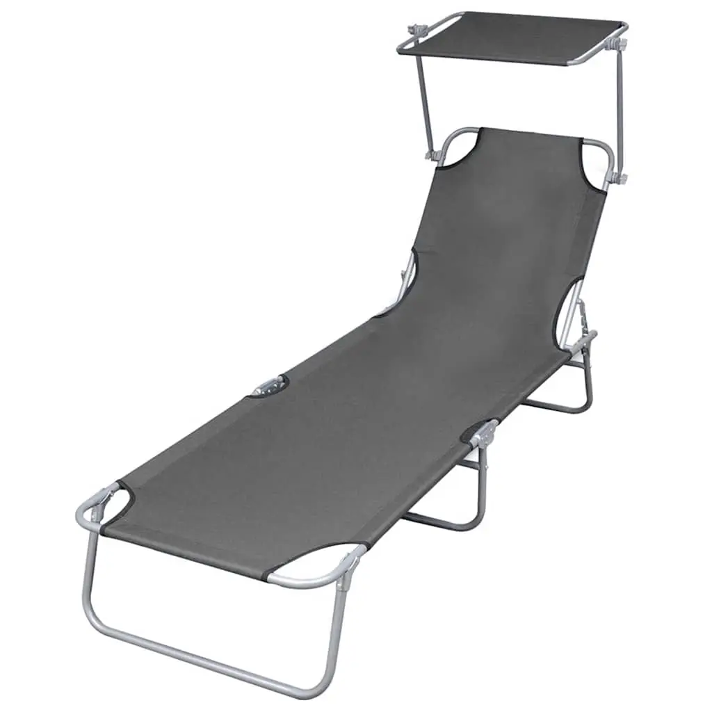 Folding Sun Lounger with Canopy Steel Grey 44291 - Furniture